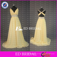 ED Bridal Yellow Chiffon V Neck Crisscross Back Sleeveless Beaded Sash Prom Dress 2017